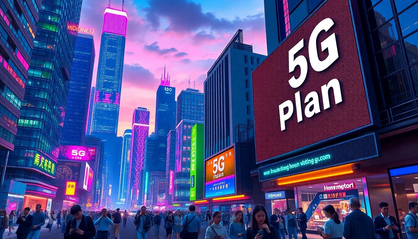 香港市區夜景,繁忙街道與高樓燈火,數碼顯示屏展示5G計劃,氛圍熱鬧而充滿科技感。