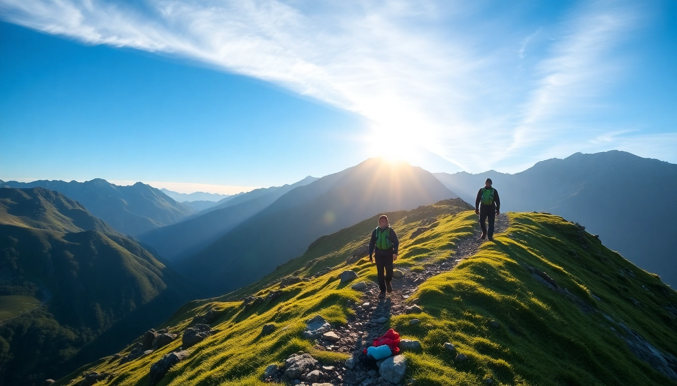 Trekking in Indonesia: Enthusiasts hiking through scenic mountain trails amidst lush forests and rugged terrain.