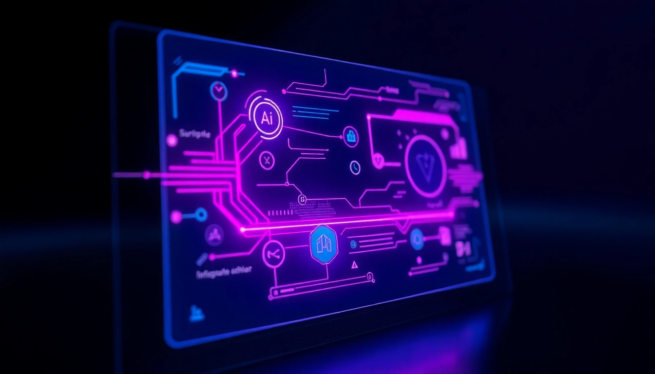 Close-up of a futuristic holographic AI interface with neon colors and data streams