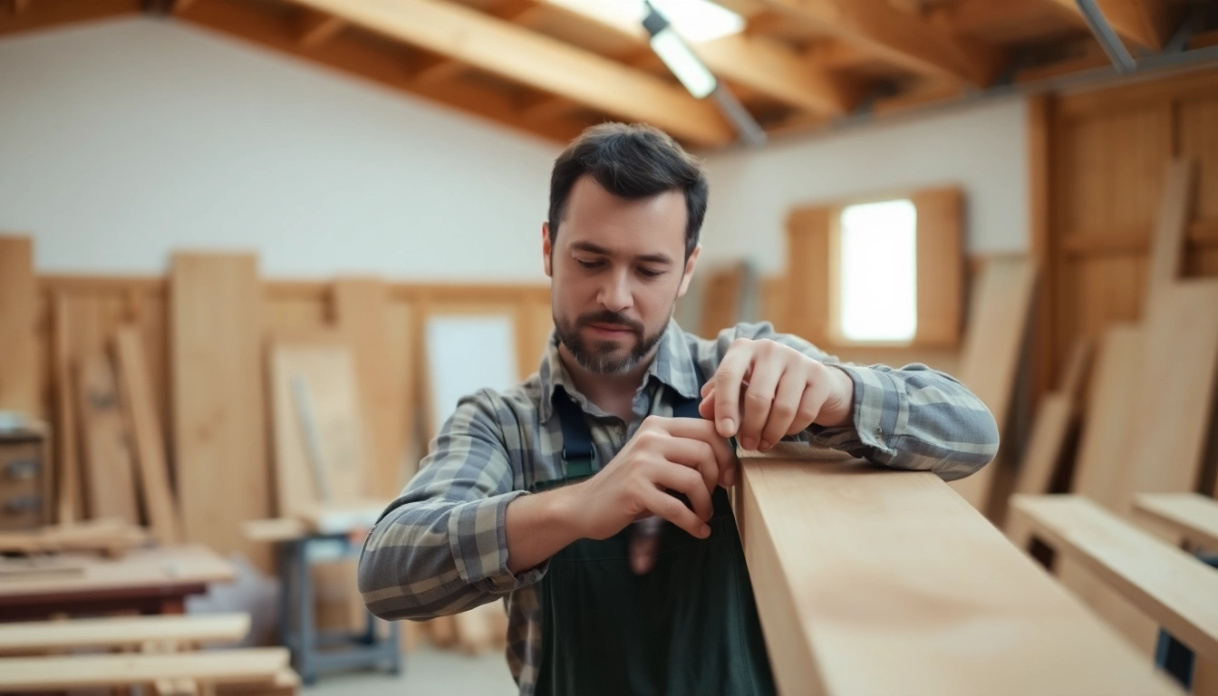 Experienced carpenter measuring and cutting wood for custom furniture in a professional workshop setting, showcasing craftsmanship and attention to detail.