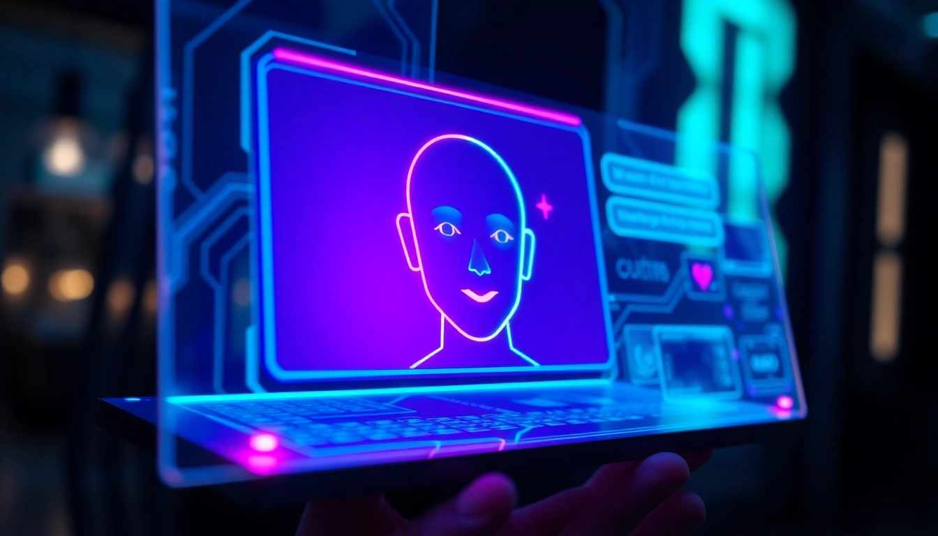 Futuristic AI chat interface with neon colors and holographic elements in a dark digital environment.
