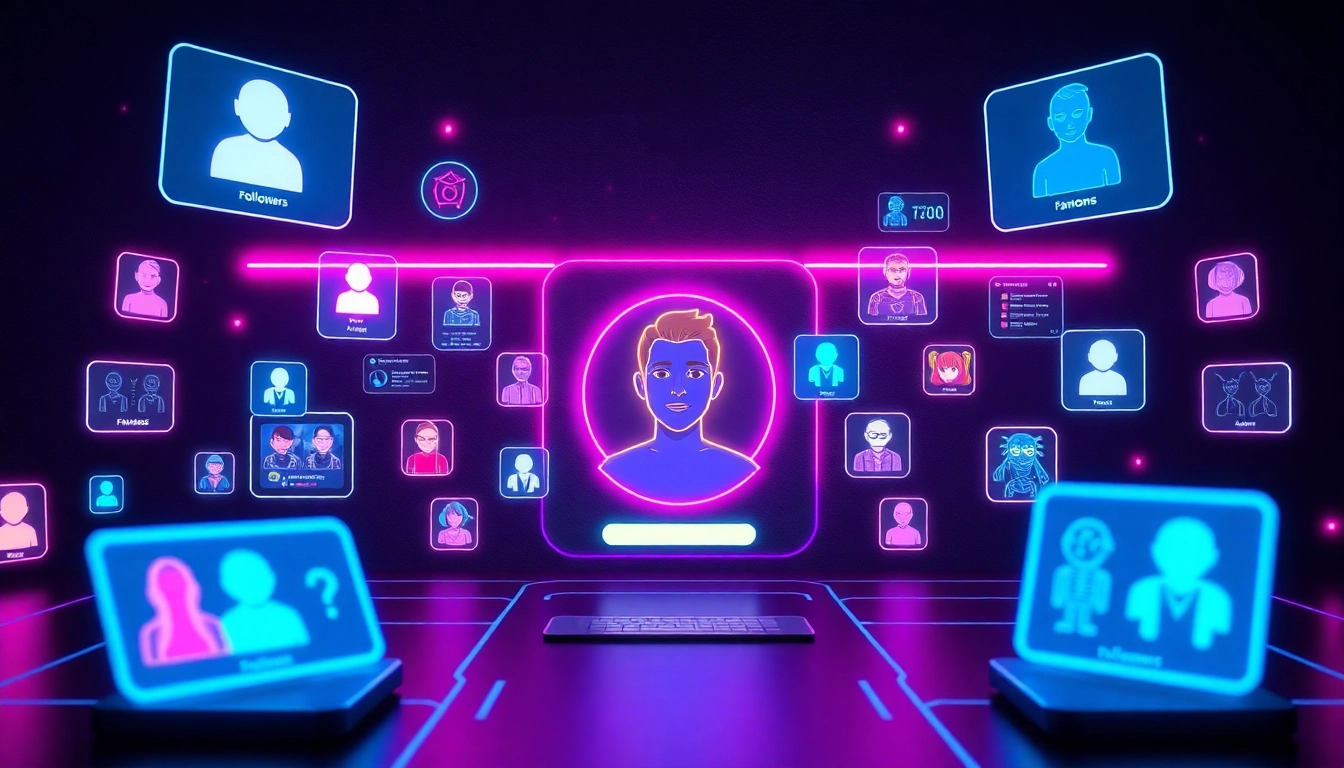 Futuristic virtual social media interface with avatars, holograms, and vibrant colors illustrating Status AI's digital universe.