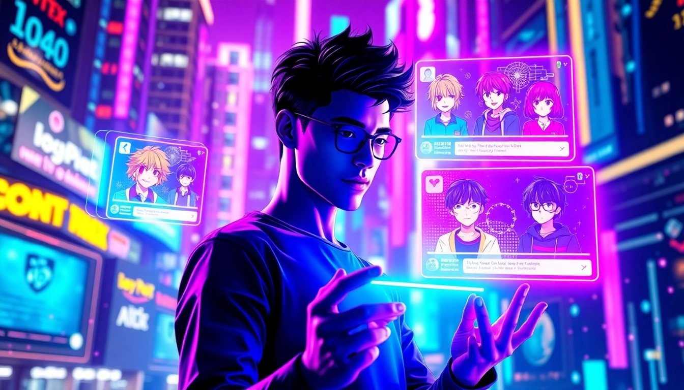 Futuristic digital scene with holographic profiles and fandom characters engaging in a vibrant virtual social media environment.