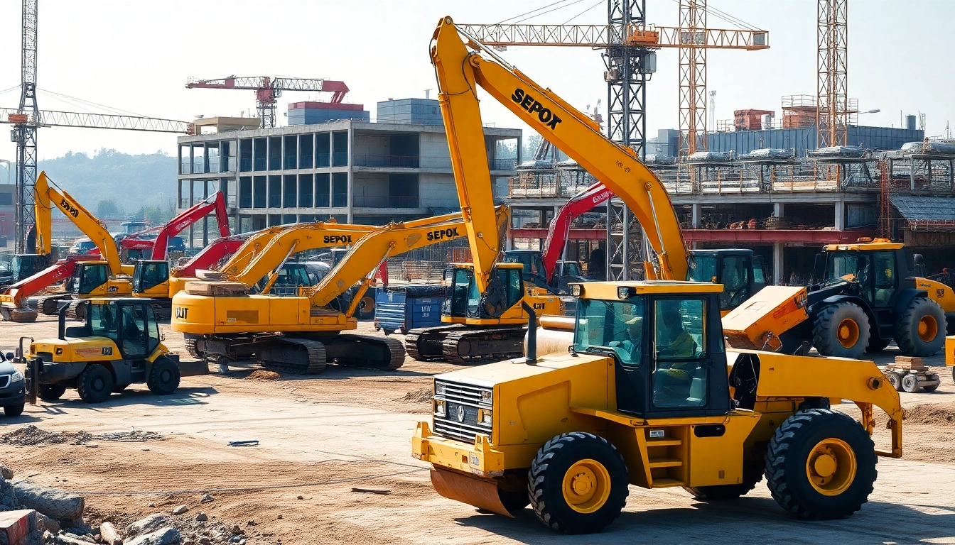 Construction equipment rental services featuring excavators, bulldozers, and cranes on a busy construction site for efficient project completion.