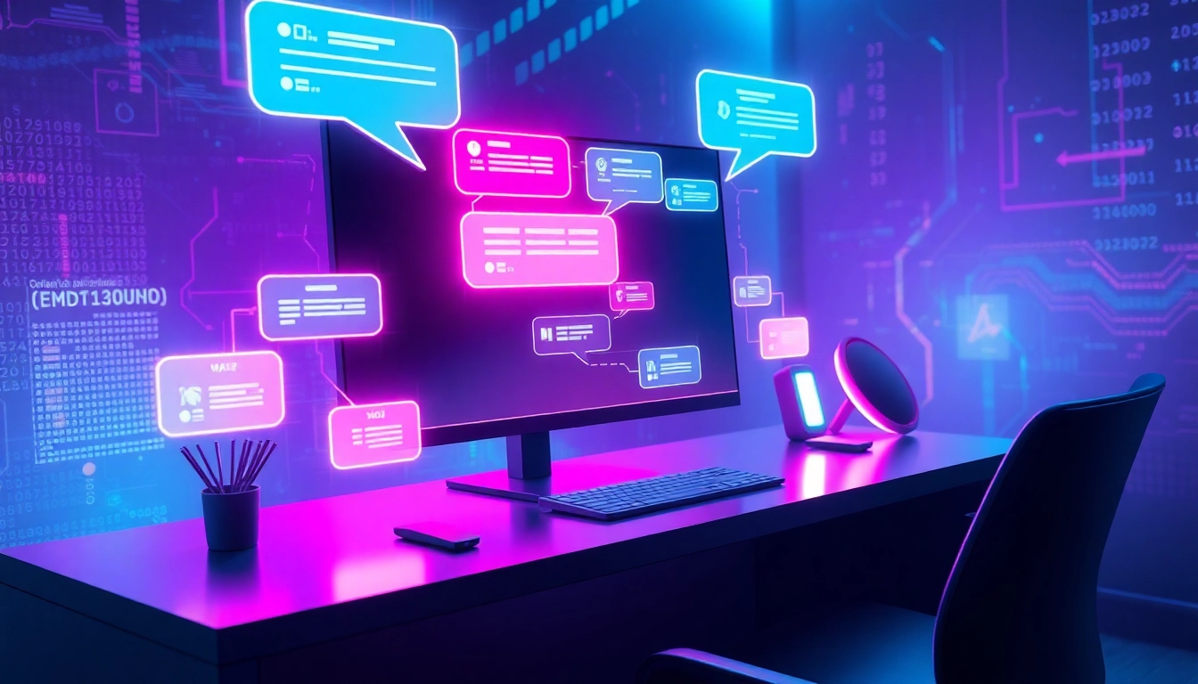 Futuristic AI adult chat interface with holographic messages and neon lighting