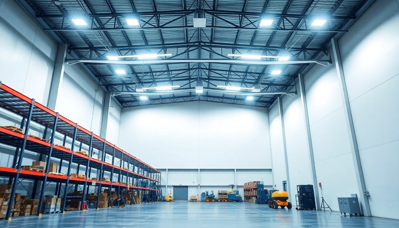 Moderne LED-Industriehallenbeleuchtung in einer großen Lagerhalle