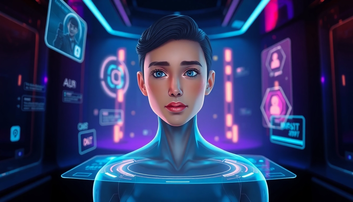 A digital artwork of an AI character in a futuristic chat environment with glowing holograms and a warm, intimate mood.