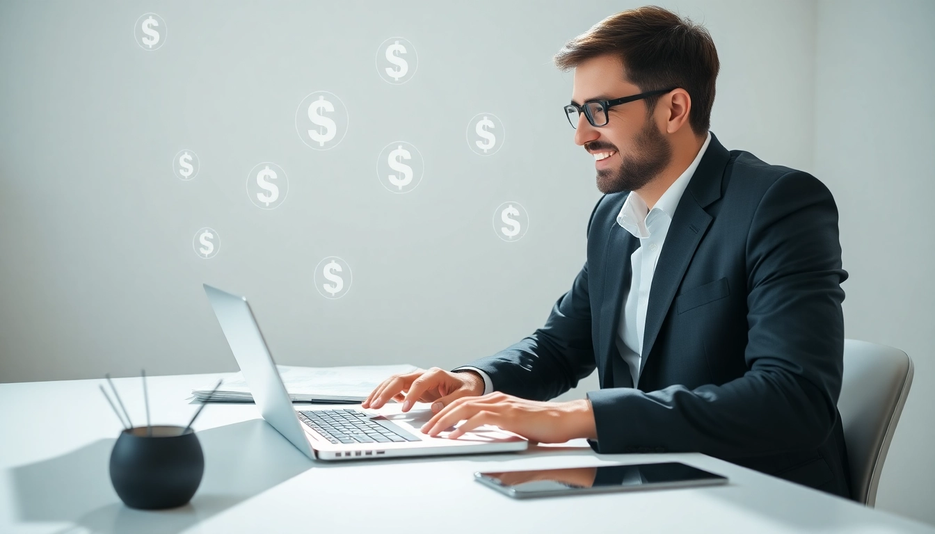Earn money online with simple strategies illustrated by a person working on a laptop for greater income opportunities.