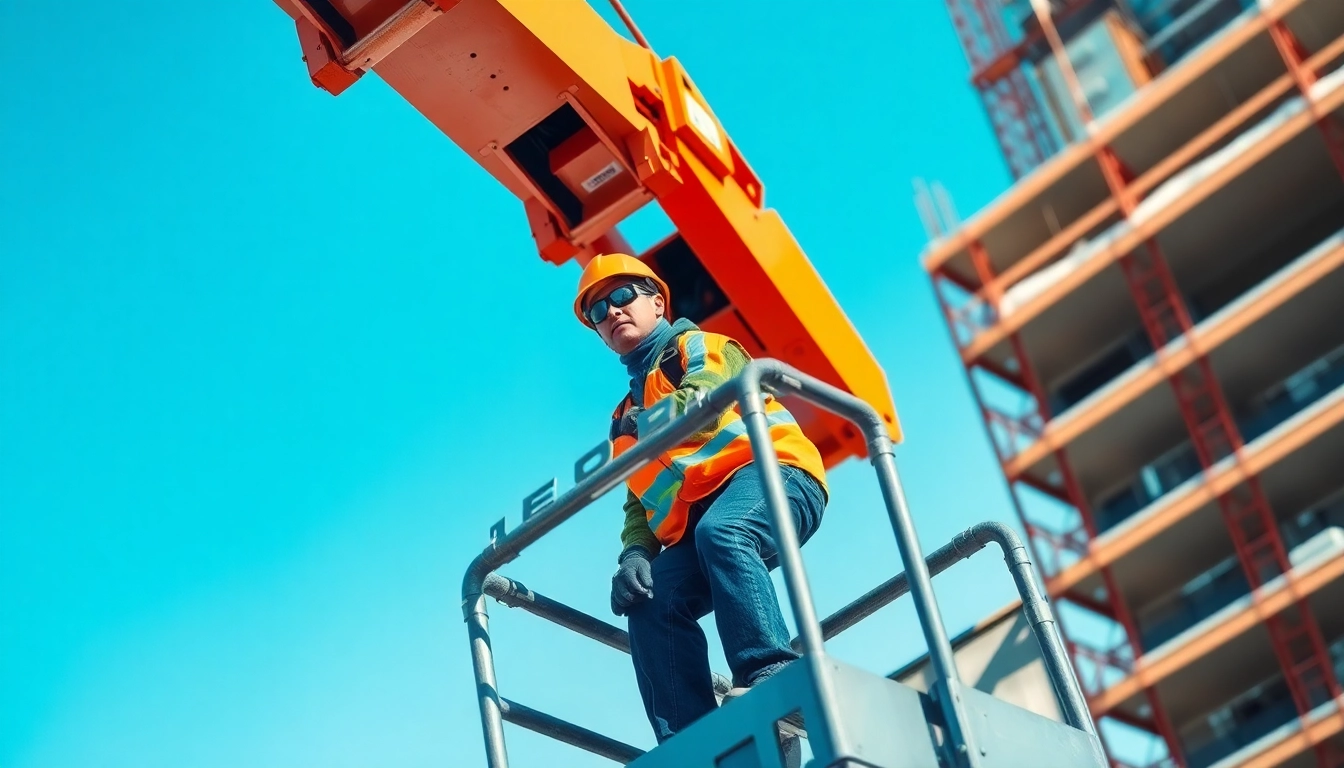 Efficient boom lift rental showcasing a worker operating the machine during a construction project for safe access at height.