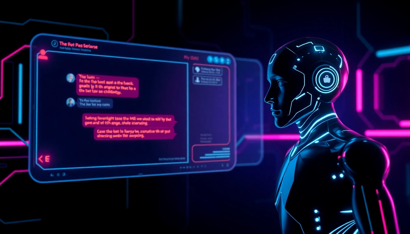 Futuristic AI chat interface with holographic visuals and expressive AI character on a dark neon-lit background.