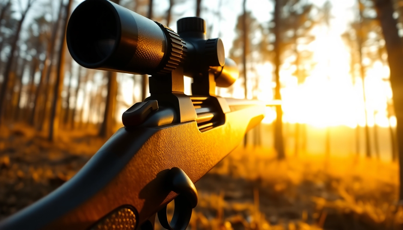 Top-rated rifles for deer hunting in the US showcased with scope and gear in a natural setting, illustrating accuracy and effectiveness.