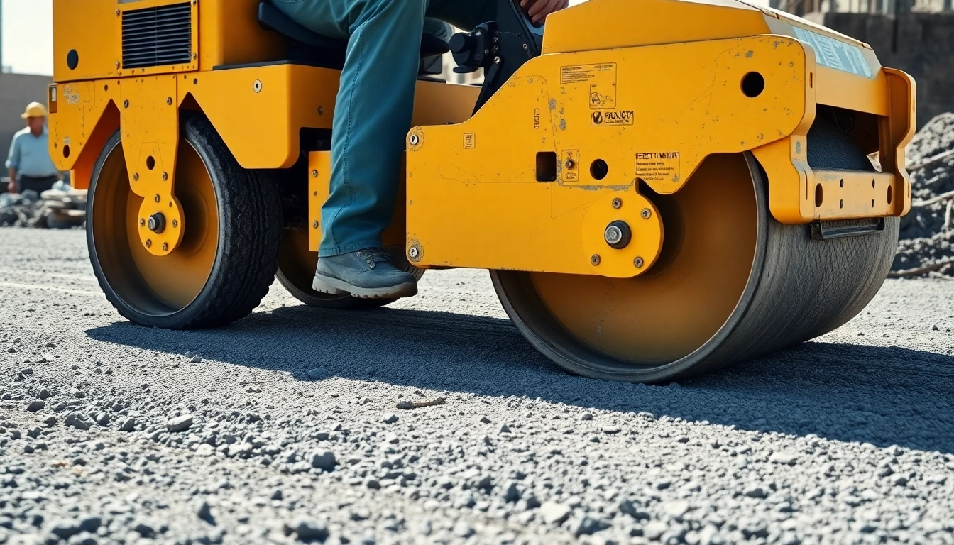 Efficient compactors rental service showcasing a worker operating a plate compactor on site for sturdy groundwork preparation.