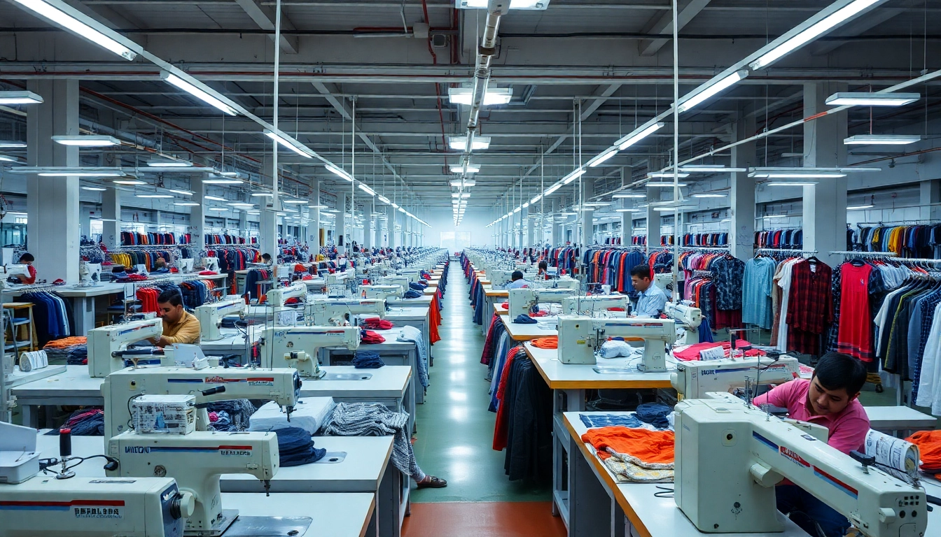 Clothing factory in Sialkot showcasing skilled workers and modern machinery in a vibrant, organized manufacturing environment.