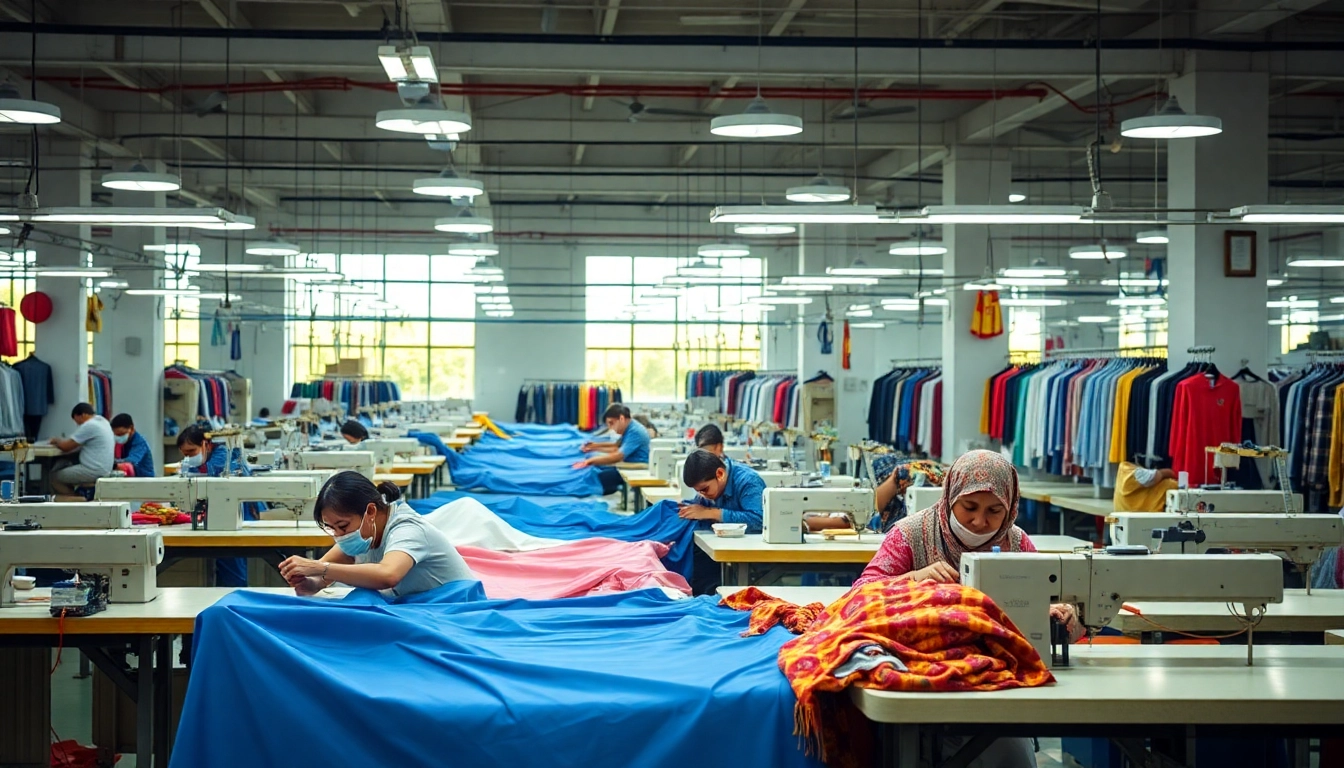 Clothing factory in Sialkot showcasing skilled workers producing apparel with advanced machinery and quality textiles, reflecting excellence in manufacturing.