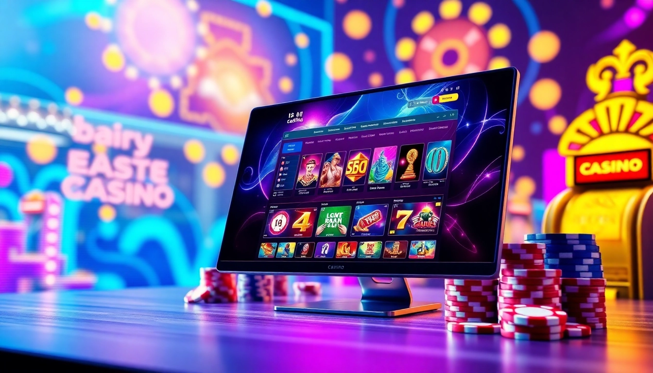 A colorful online gaming platform on a computer screen with casino elements and neon lighting