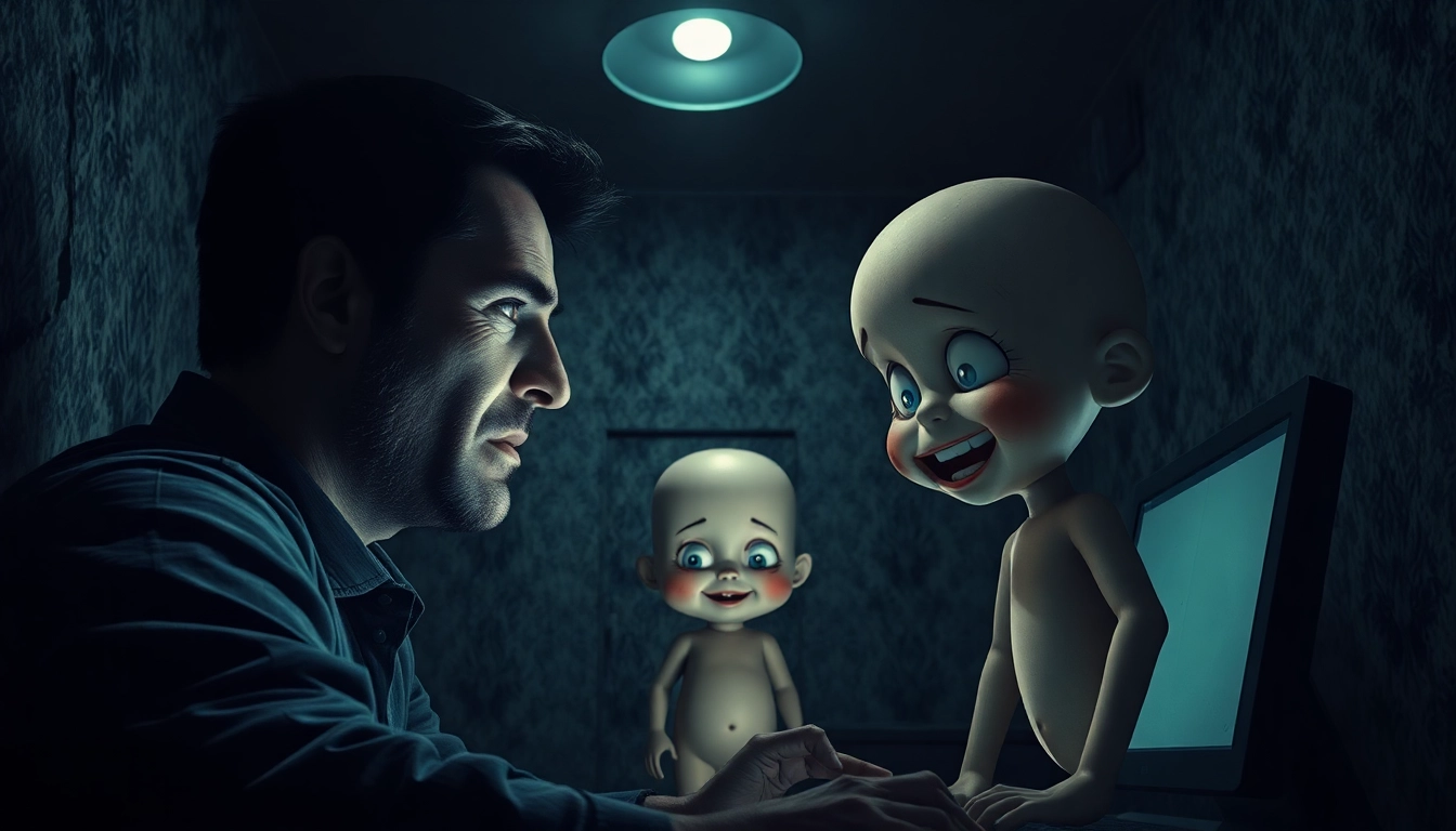 A distressed man interacts with a cheerful but suffering cartoon character in a dark, gritty room, illustrating moral tension and psychological horror.