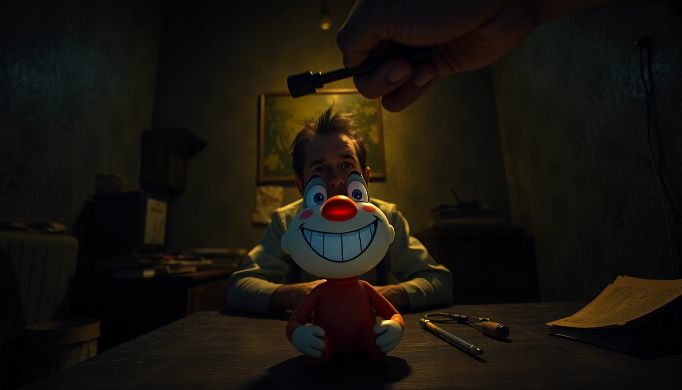 A distressed man threatening a cheerful cartoon character, with dark shadows and a tense, unsettling atmosphere.