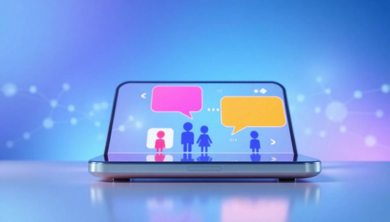 Futuristic chat interface on a sleek device screen with colorful speech bubbles and digital patterns