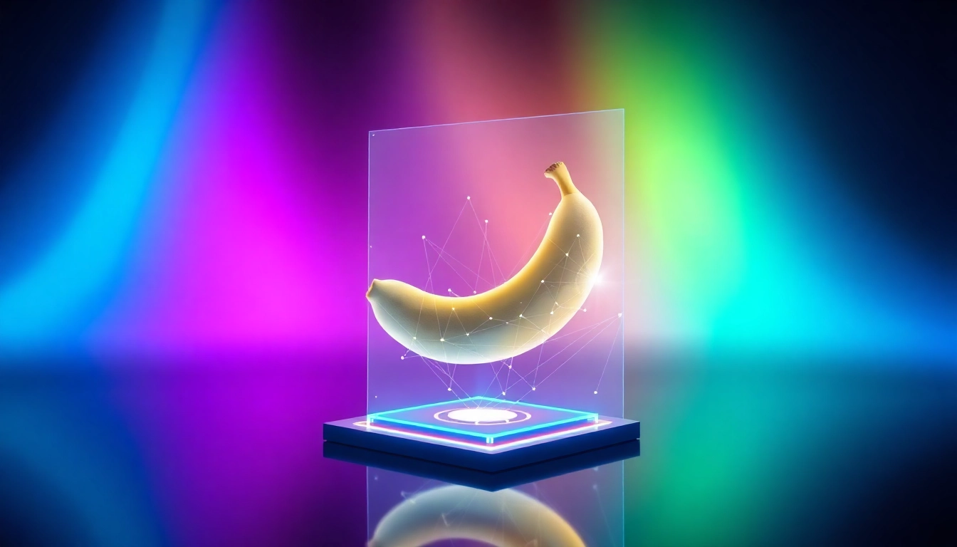 Futuristic digital hologram of a transforming banana representing advanced AI image editing technology.