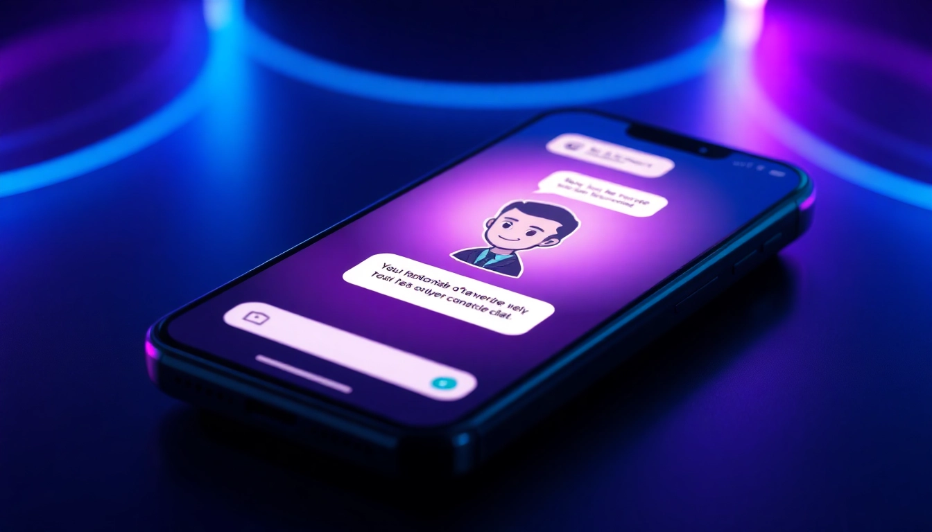 An illustration of a futuristic smartphone displaying a neon-lit AI chatbot interface with a customizable character avatar and engaging chat bubbles.
