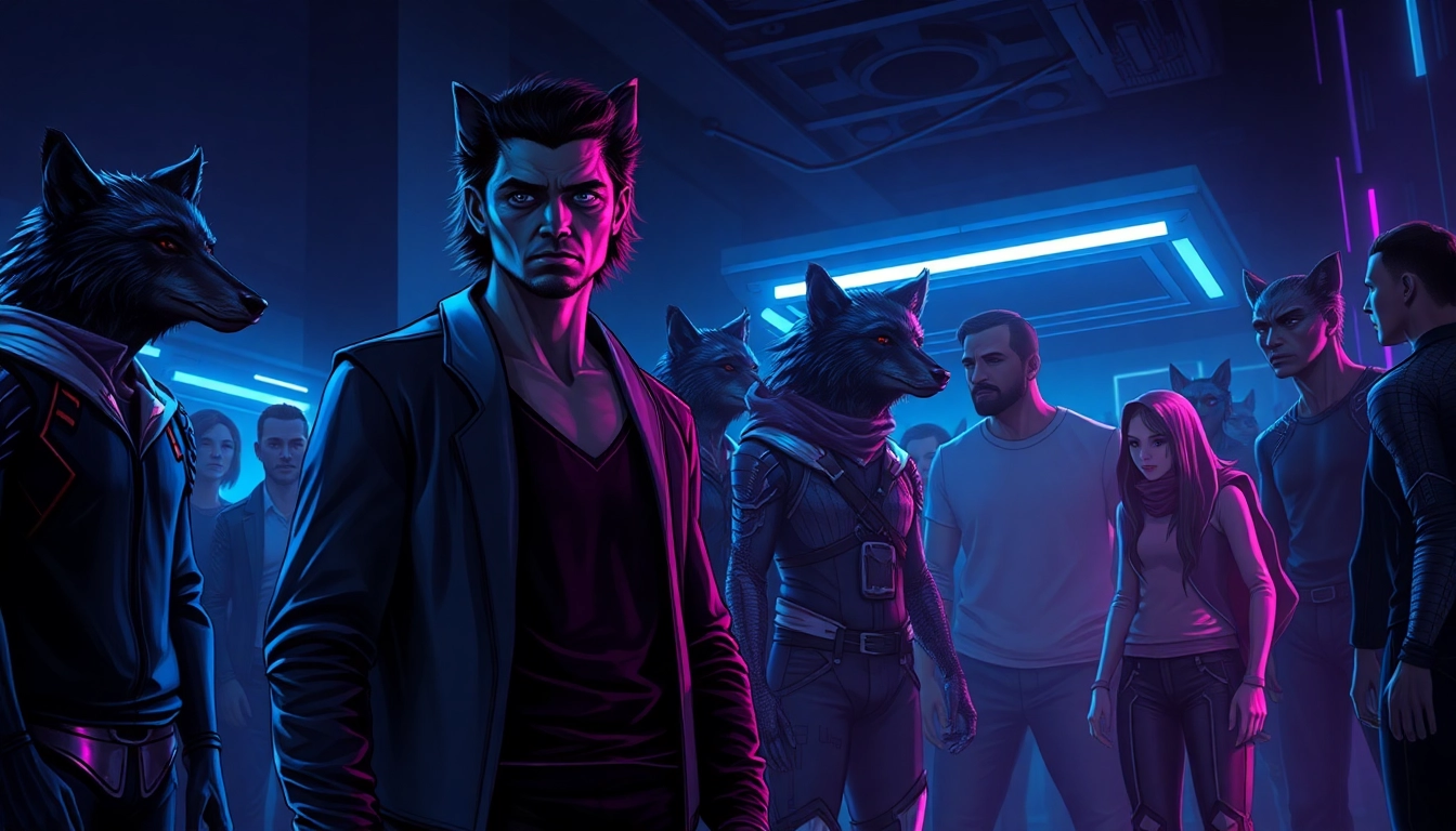 A futuristic society with humans displaying animalistic features, depicting social hierarchy inspired by wolf pack dynamics, set against a neon-lit urban background.