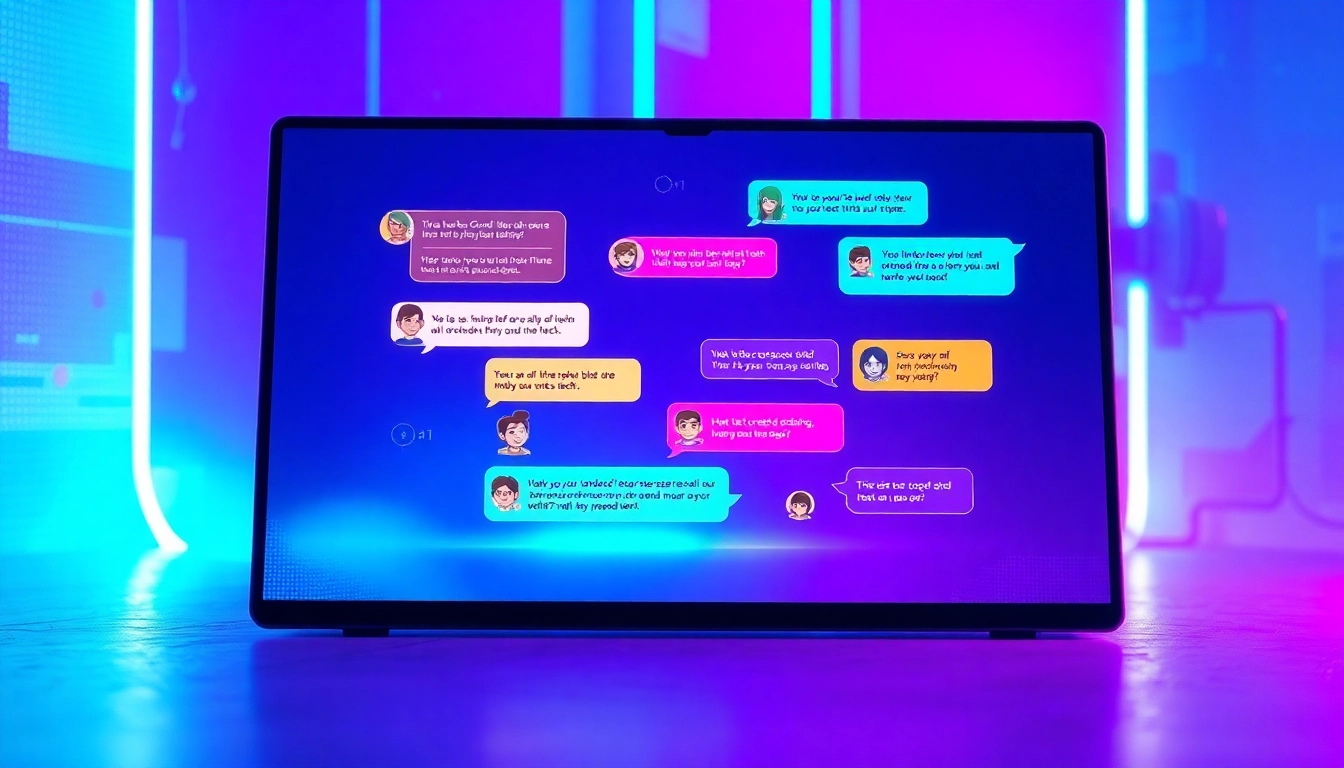Futuristic digital chat interface with vibrant neon colors and animated AI characters on a sleek screen.