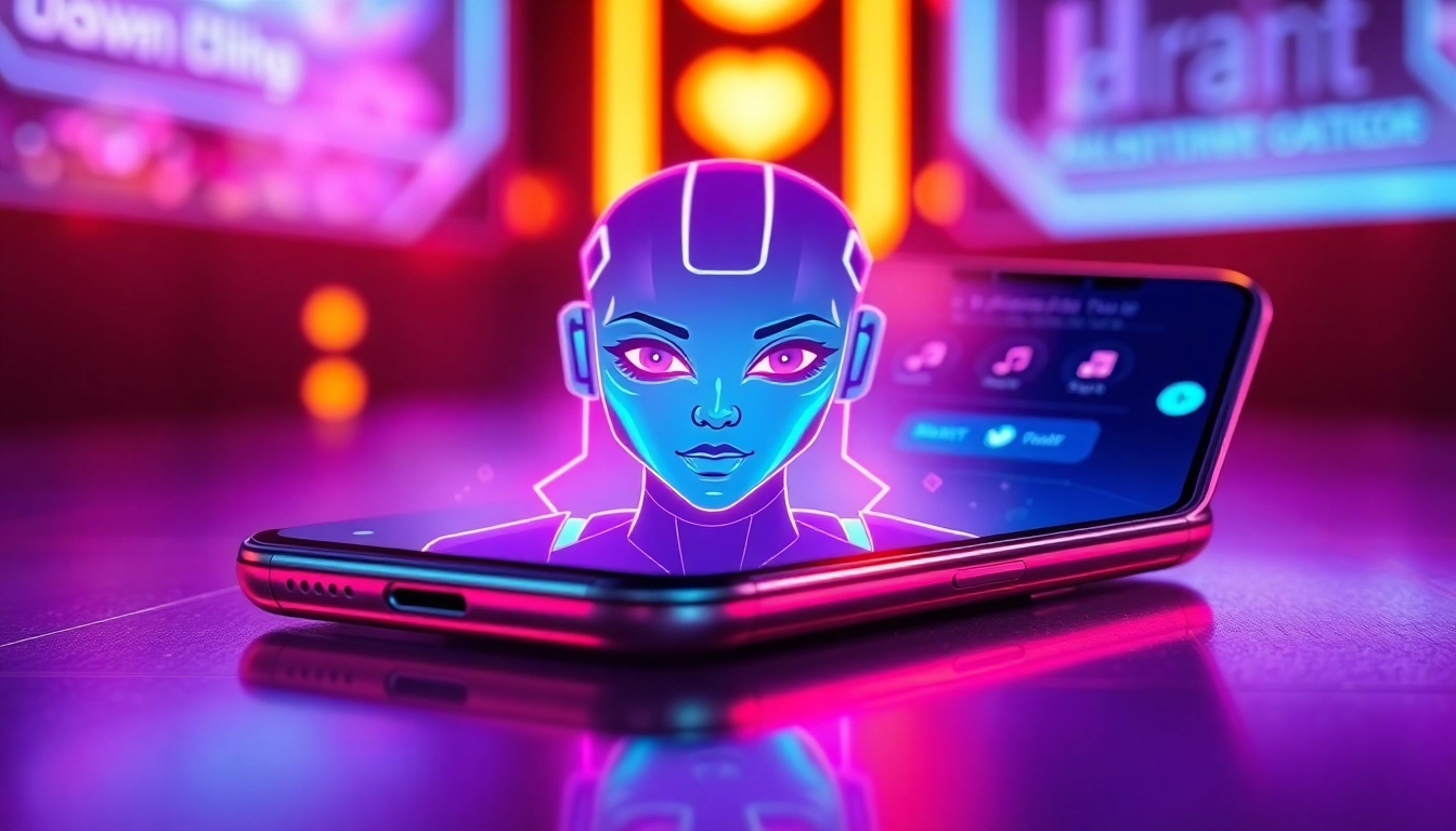 Futuristic AI chatbot interface with a seductive character on a smartphone screen, glowing neon accents, and high-tech background.