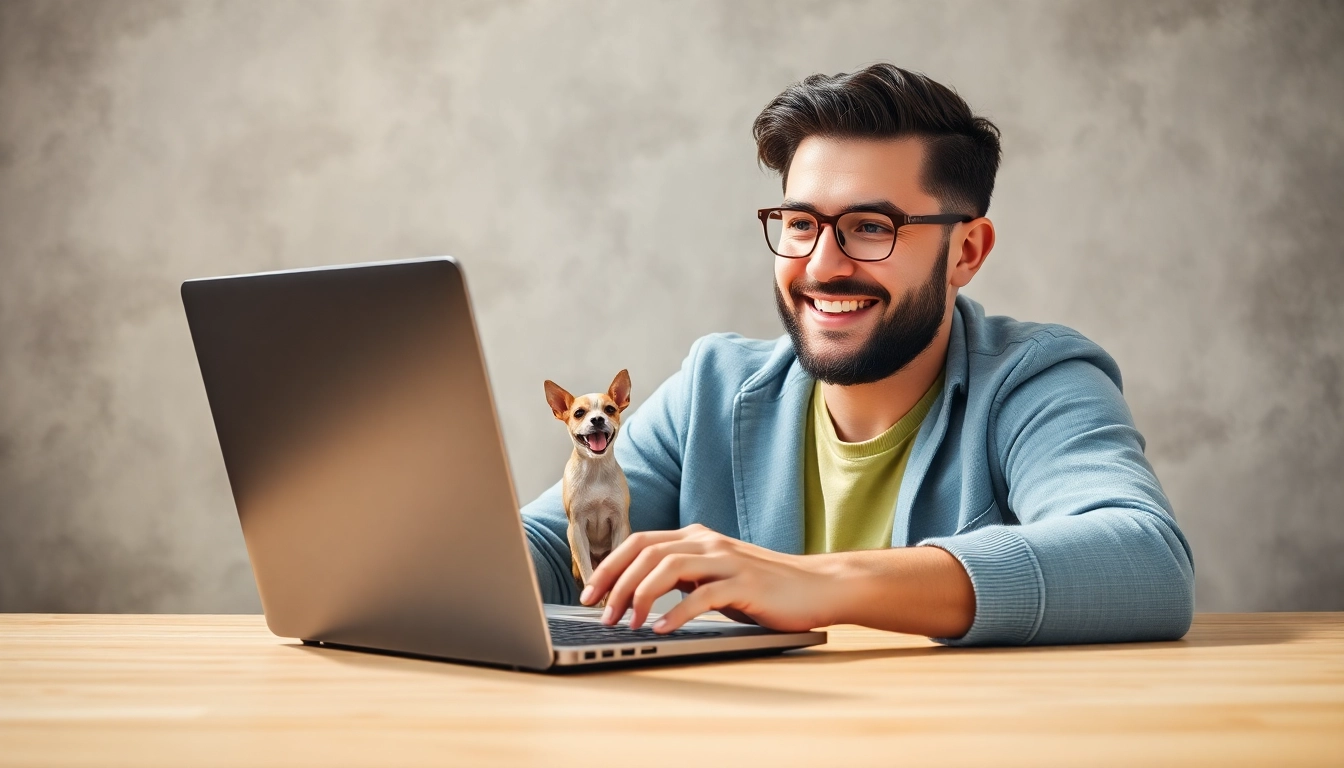 Generate a cheerful scene of a pet owner applying a Zooplus rabattkod for discount shopping online.