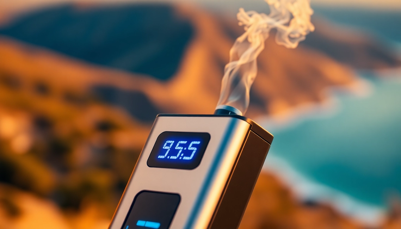 Hitz California disposable vape with LCD screen in California landscape, showcasing smooth
