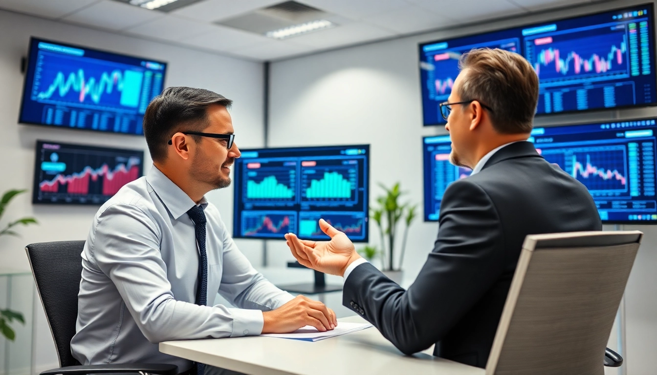 Investment Advise professional analyzing portfolios on digital screens with charts and data for
