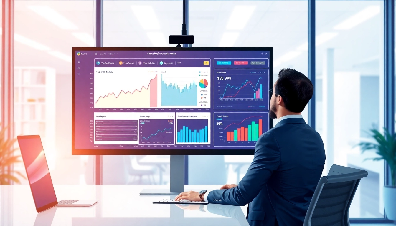 Analyst reviewing social media investment news and data visualization in a professional setting