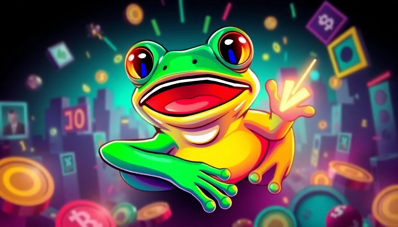 Dynamic Rare Pepe Coin graphic showing Pepe frog with blockchain motifs, evoking crypto and