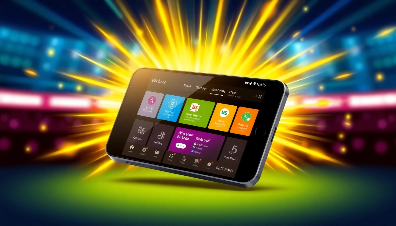 The Winbuzz App displayed on a smartphone with vibrant graphics and betting options, showcasing