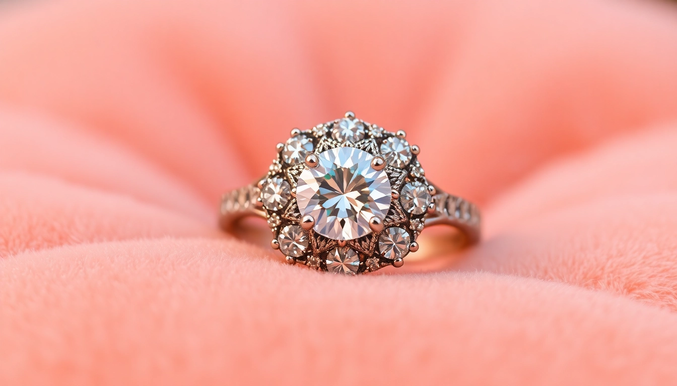 Close-up of a halo suzadeutuviu ziedas with sparkling diamonds and elegant design, displayed on