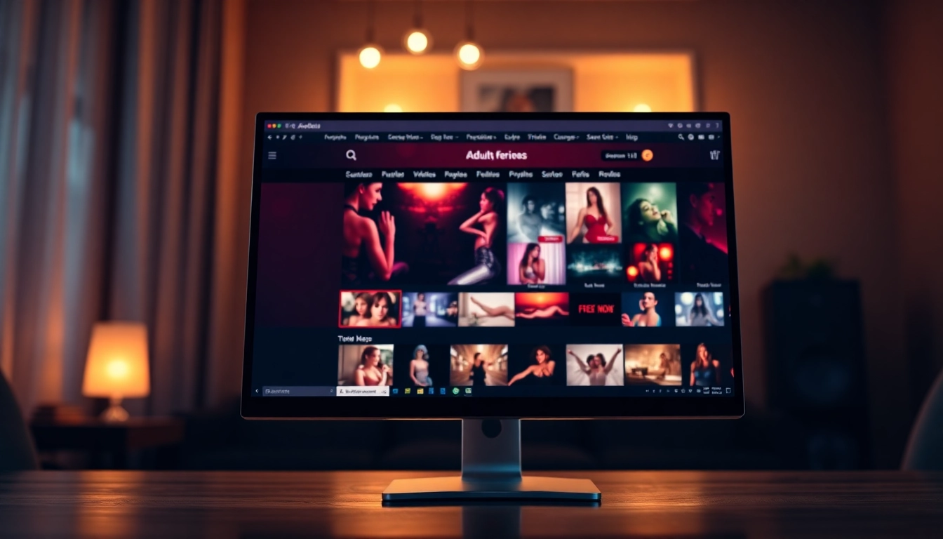 A modern adult website homepage displayed on a desktop monitor with colorful thumbnails and a seductive ambiance.