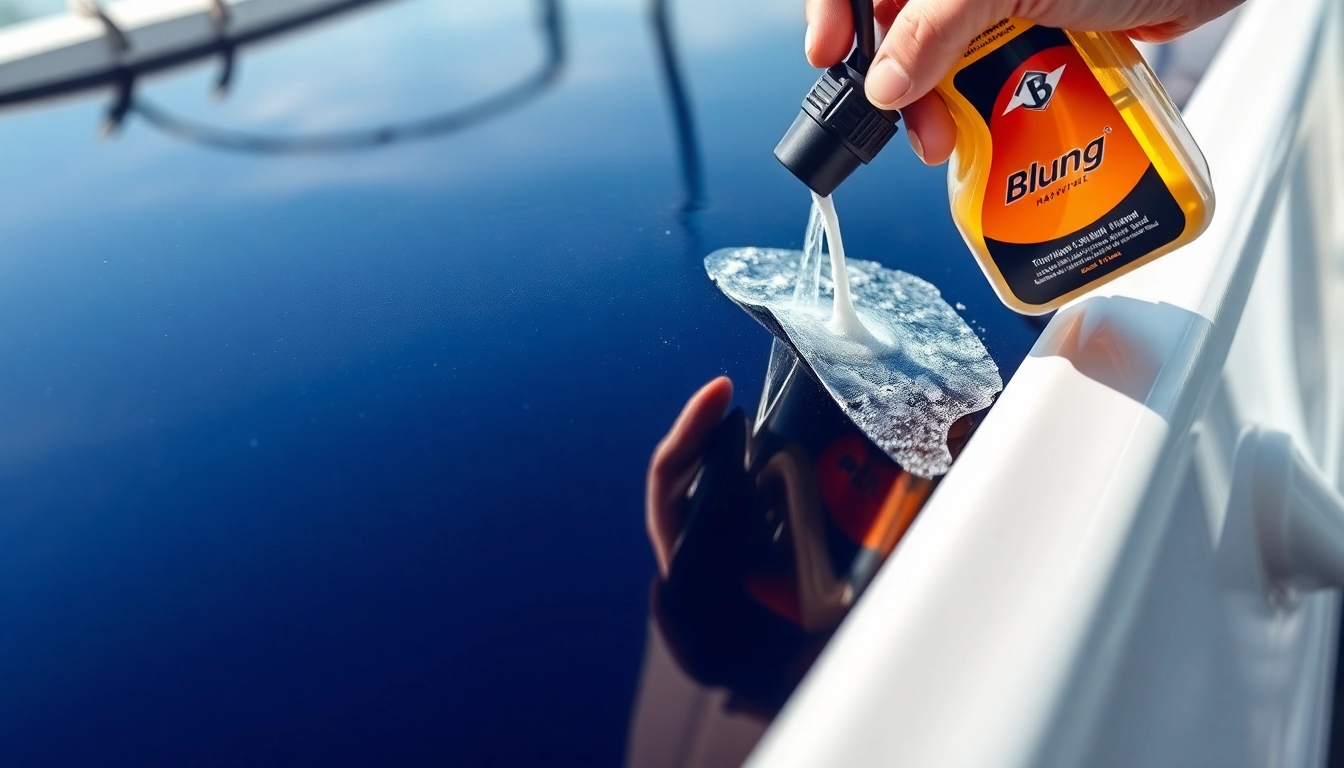 Blung cleaning product in action on a boat's glossy surface with shining water droplets,